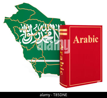 Arabische Sprache Buch mit Karte von Saudi-arabien, 3D-Rendering auf weißem Hintergrund Stockfoto