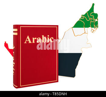 Arabische Sprache Buch mit Karte der Vereinigten Arabischen Emirate, 3D-Rendering auf weißem Hintergrund Stockfoto