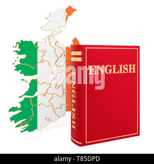 Englisch Buch mit Karte von Irland, 3D-Rendering auf weißem Hintergrund Stockfoto