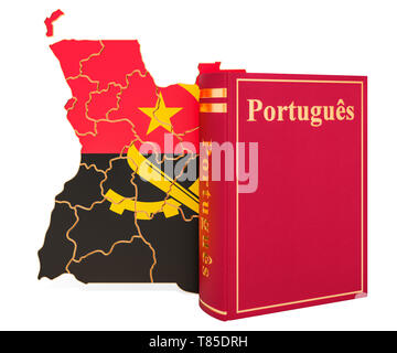 Portugiesische Sprache Buch mit Karte von Angola, 3D-Rendering auf weißem Hintergrund Stockfoto