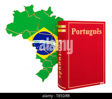 Portugiesische Sprache Buch mit Karte von Brasilien, 3D-Rendering auf weißem Hintergrund Stockfoto