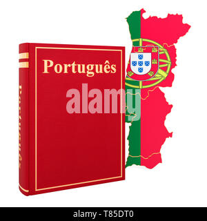 Portugiesische Sprache Buch mit Karte von Portugal, 3D-Rendering auf weißem Hintergrund Stockfoto