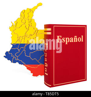 Spanische Sprache Buch mit Karte von Columbia, 3D-Rendering auf weißem Hintergrund Stockfoto
