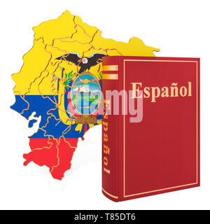 Spanische Sprache Buch mit Karte von Ecuador, 3D-Rendering auf weißem Hintergrund Stockfoto