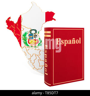 Spanische Sprache Buch mit Karte von Peru, 3D-Rendering auf weißem Hintergrund Stockfoto