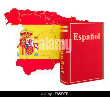 Spanische Sprache Buch mit Karte von Spanien, 3D-Rendering auf weißem Hintergrund Stockfoto