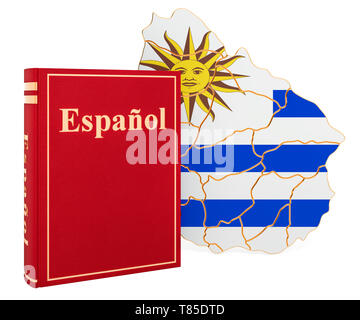 Spanische Sprache Buch mit Karte von Uruguay, 3D-Rendering auf weißem Hintergrund Stockfoto