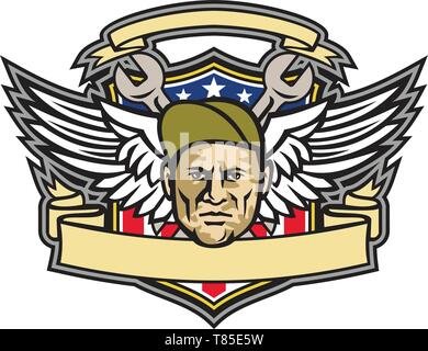 Maskottchen Symbol Abbildung: Leiter einer Mannschaft Leiter oder fluggerätmechaniker mit gekreuzten Schlüssel und Luftwaffe Armee Flügel mit amerikanischen Stars and Stripes fla Stock Vektor