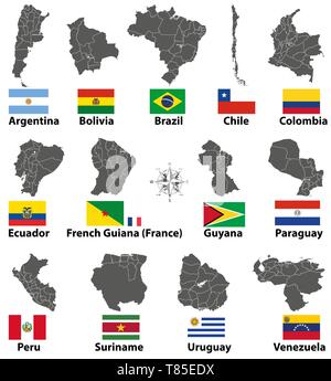 Vektorkarten und Fahnen von Südamerikanischen Ländern Stock Vektor