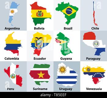 Karten gemischt mit Fahnen der unabhängigen Länder von Südamerika Stock Vektor
