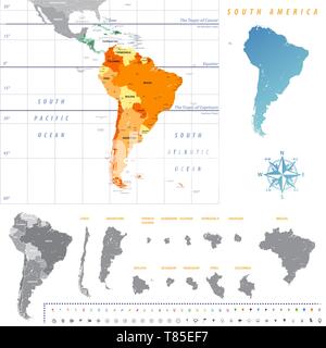 Südamerika Karte mit jedem einzelnen Land Karte separat auf weißem Hintergrund Stock Vektor