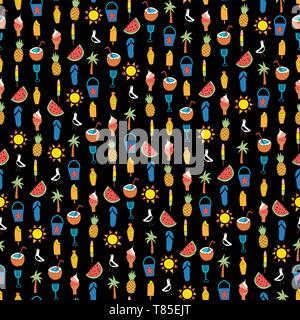 Sommer icons nahtlose Vektor Muster schwarz. Wiederholen Hintergrund mit Wassermelone, Popsicle, Ananas, Kokos, Eis, Palme, Seagull Stock Vektor