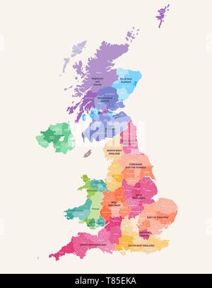 Vektor Karte von Großbritannien administrative divisions Farbige nach Ländern und Regionen Stock Vektor