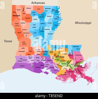 Louisianas Kongreßbezirke Vektor hoch detaillierte Karte mit den Regionen und Großstädten Namen Stock Vektor