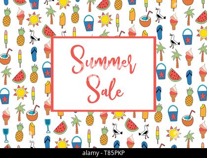 Summer Sale banner Vektor mit Sommer Symbole Muster. Wassermelone, Popsicle, Ananas, Kokos, Eis, Palme, Seagull, flipflop Sandale Stock Vektor