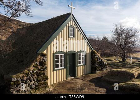 Island, South East Island, austurland Region, Hof, Hofskirkja Rasen Kirche Stockfoto