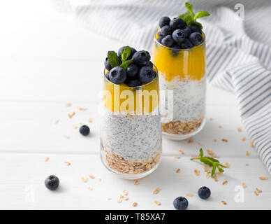 Zwei Gläser von Chia Pudding mit Blaubeeren, mango Mousse und Hafer Müsli auf dem Küchentisch. Stockfoto