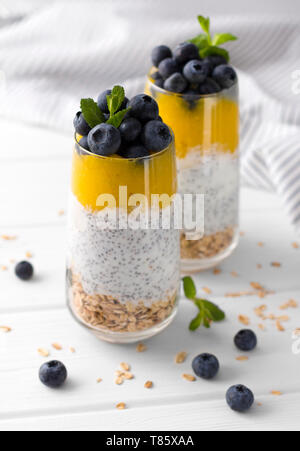 Zwei Gläser von Chia Pudding mit Blaubeeren, mango Mousse und Hafer Müsli auf dem Küchentisch. Stockfoto
