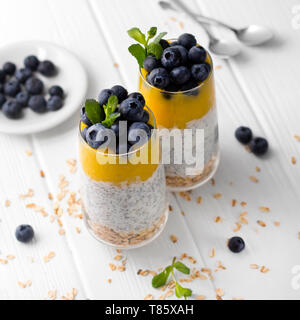 Zwei Gläser von Chia Pudding mit Blaubeeren, mango Mousse und Hafer Müsli auf dem Küchentisch. Stockfoto