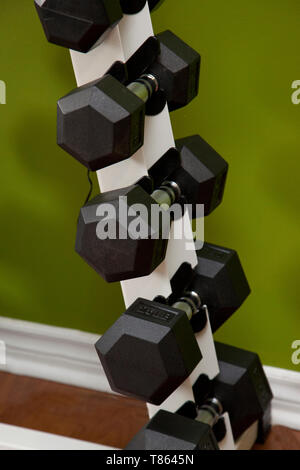 5, 10 und 15 lbs Kurzhanteln auf einem Rack Home Gym Stockfoto