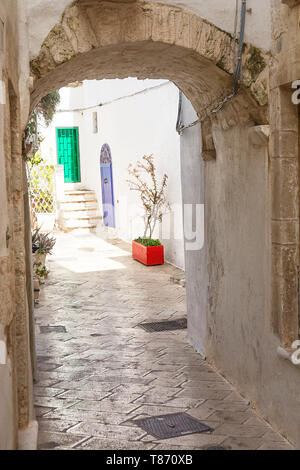 Arco und Gänge von Ostuni mit weissen Häusern (Italien) Stockfoto