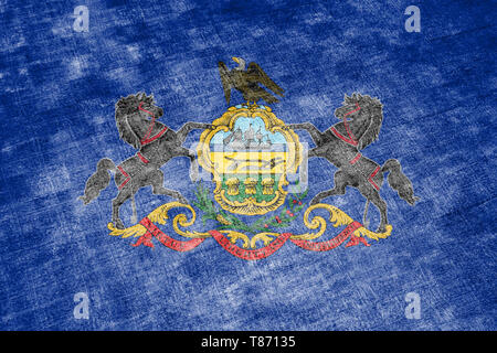 Die Flagge des US-Staates Pennsylvania in Grau textile Rag am Tag der Unabhängigkeit in verschiedenen Farben blau rot und gelb. Po Stockfoto