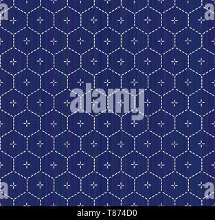 Kimono Pattern. Sashiko. Abstrakte Hexagon nahtlose Textur. Japanische stickerei Verzierung. Weißen Nähten auf der Indigo blauen Hintergrund. Für die Dekoration Stock Vektor
