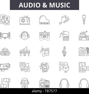 Audio und Musik Zeile für Symbole, Zeichen, Vektor, Entwurfskonzept, lineare Abbildung Stock Vektor