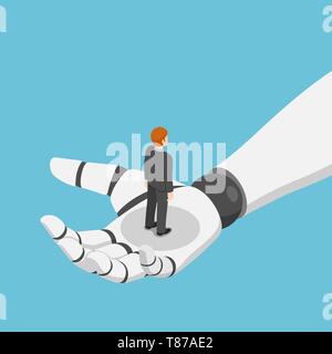 Wohnung 3 d isometrische Geschäftsmann in ai Robot Hand. der künstlichen Intelligenz und des maschinellen Lernens Konzept. Stock Vektor
