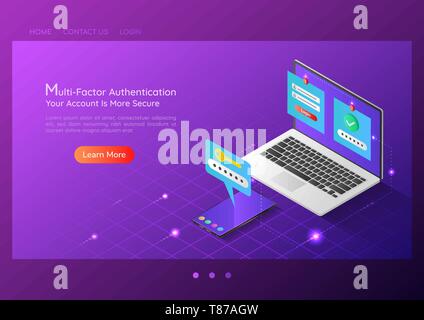 3d-isometrische Web Banner zwei Schritte Verification System auf Laptop und Smartphone. Duo Authentifizierung und Sicherheit im Internet Startseite Konzept. Stock Vektor