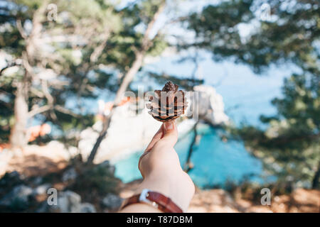 Ein Mädchen hält in ihrer Hand ein tannenzapfen auf dem Hintergrund einer natürlichen Landschaft mit Derwische und das Meer. Umweltfreundliches Konzept. Stockfoto