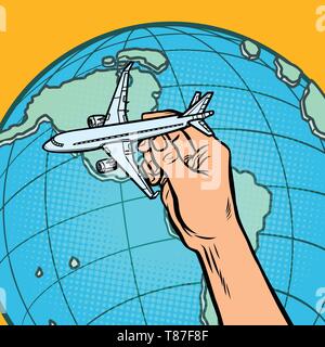 Ebene in der Hand. Metapher vom Fliegen nach Amerika. Comic cartoon Pop Art vector Retro Vintage Zeichnung Stock Vektor