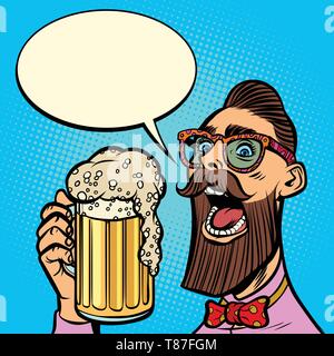 Hipster trinken ein Glas Bier. Comic cartoon Pop Art retro Vektor Grafik Handzeichnung Stock Vektor