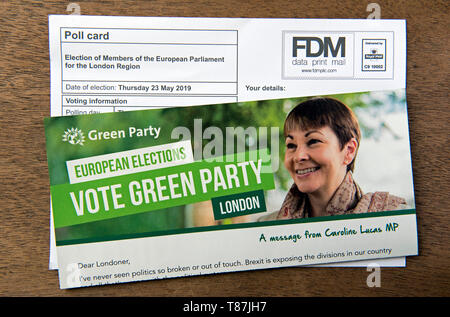 Grüne Partei EU-Wahl Broschüre und Umfrage Karte für das Europäische Parlament London Region. Islington Nord Stockfoto