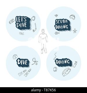 Der runde Abzeichen mit Tauchen Schriftzug, die Elemente und die Ausrüstung. Unterwasser Aktivität Symbole und Zubehör. Vector Illustration. Stock Vektor