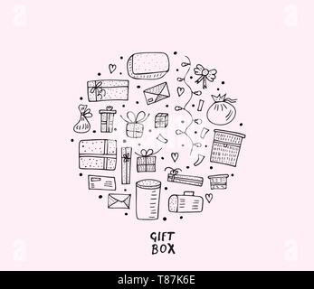 Runde Komposition mit Geschenkboxen. Sammlung von Holiday präsentiert in doodle Stil. Vector Illustration. Stock Vektor