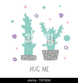 Happy Valentines Tag Grußkartenvorlage. Handschriftliche Beschriftung umarmte mich mit niedlichen Kakteen. Vector Illustration. Stock Vektor