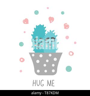 Happy Valentines Tag Grußkartenvorlage. Handschriftliche Beschriftung umarmte mich mit niedlichen Kakteen. Vector Illustration. Stock Vektor