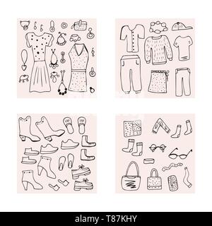 Frau Kleidung und Accessoires Banner in Doodle style Set. Sammlung von Karten mit weiblichen Mode Symbole. Vector Illustration. Stock Vektor