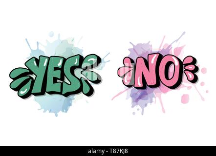 "Ja" und "Nein"-Schriftzug. Handgeschriebene Worte mit Aquarell Spritzer Dekoration. Vektor Prinzipdarstellung. Stock Vektor