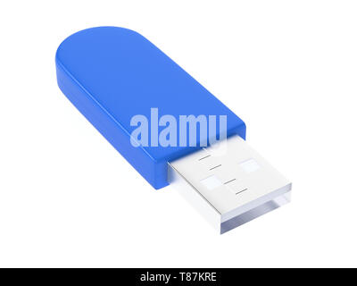 Blaue USB-Stick. 3D Rendering Illustration auf weißem Hintergrund Stockfoto