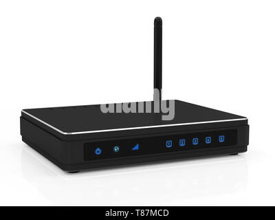 Moderne schwarze Wireless Router isoliert auf weißem Hintergrund. Technologie Konzept. Stockfoto