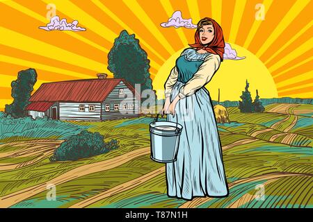 Ländliche Frau mit einem Eimer Wasser oder Milch. Bauernhof Landschaft. Pop Art retro Vektor Illustration kitsch Vintage Stock Vektor