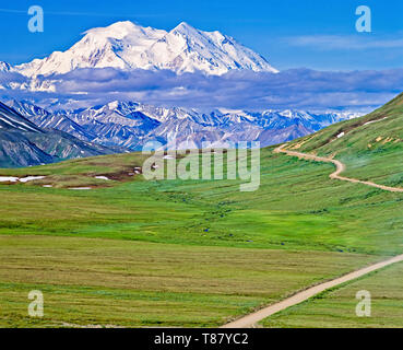 Denali, Mount McKinley und Thorofare Pass von der steinigen Hügel blicken im späten Frühjahr gesehen, Denali National Park, Alaska, USA 1994 Fuji Velvia Stockfoto