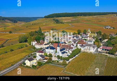 Frankreich, Cote d'Or, Aloxe Corton, kulturellen Landschaft des Burgund Klimas als Weltkulturerbe von der UNESCO, Côte de Beaune Weinberg, Route des Grands Crus de Bourgogne (Luftbild) Stockfoto