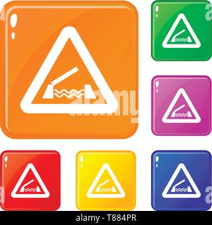 Heben Brücke Warnschild Icons Set Vector Farbe Stock Vektor