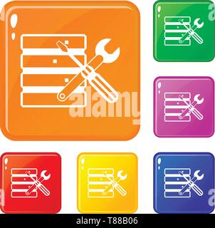 Datenbank mit screwdriverl und Schraubenschlüssel Icons Set Vector Farbe Stock Vektor