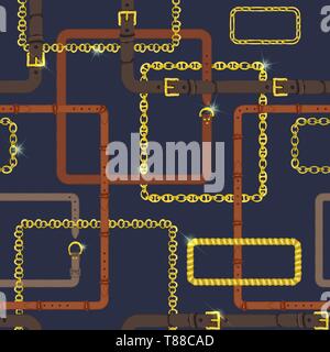 Nahtlose Muster mit realistischen Hand gezeichnet goldene Ketten und braunem Leder Gürtel Doodle Skizze auf dunkelblauem Hintergrund Stock Vektor