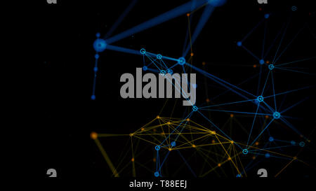 Multi Color Netzwerk 3d-Abbildung. Verbunden orangen und blauen Linien und Punkten auf schwarzem Hintergrund Stockfoto