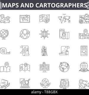 Karten und Kartographen Zeile für Symbole, Zeichen, Vektor, Entwurfskonzept, lineare Abbildung Stock Vektor